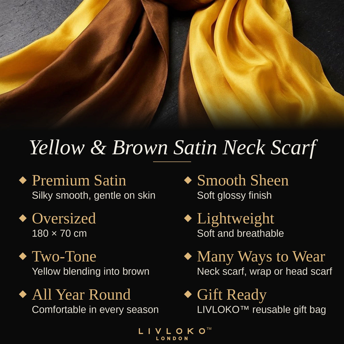 Key features of the yellow and brown satin neck scarf: premium satin, 180 × 70 cm, lightweight, many ways to wear
