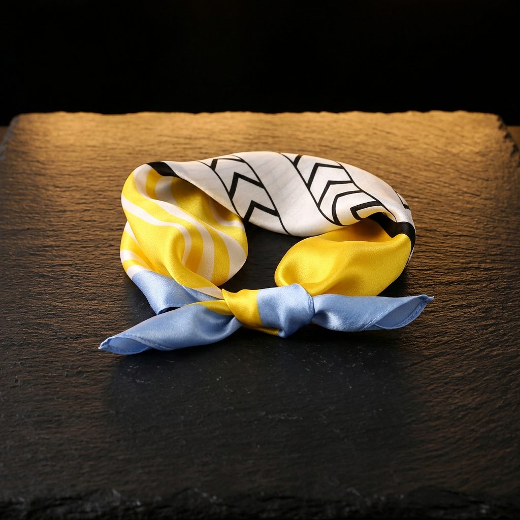 Yellow and blue geometric silk neck scarf, 53 x 53 cm, tied as a neckerchief on dark slate