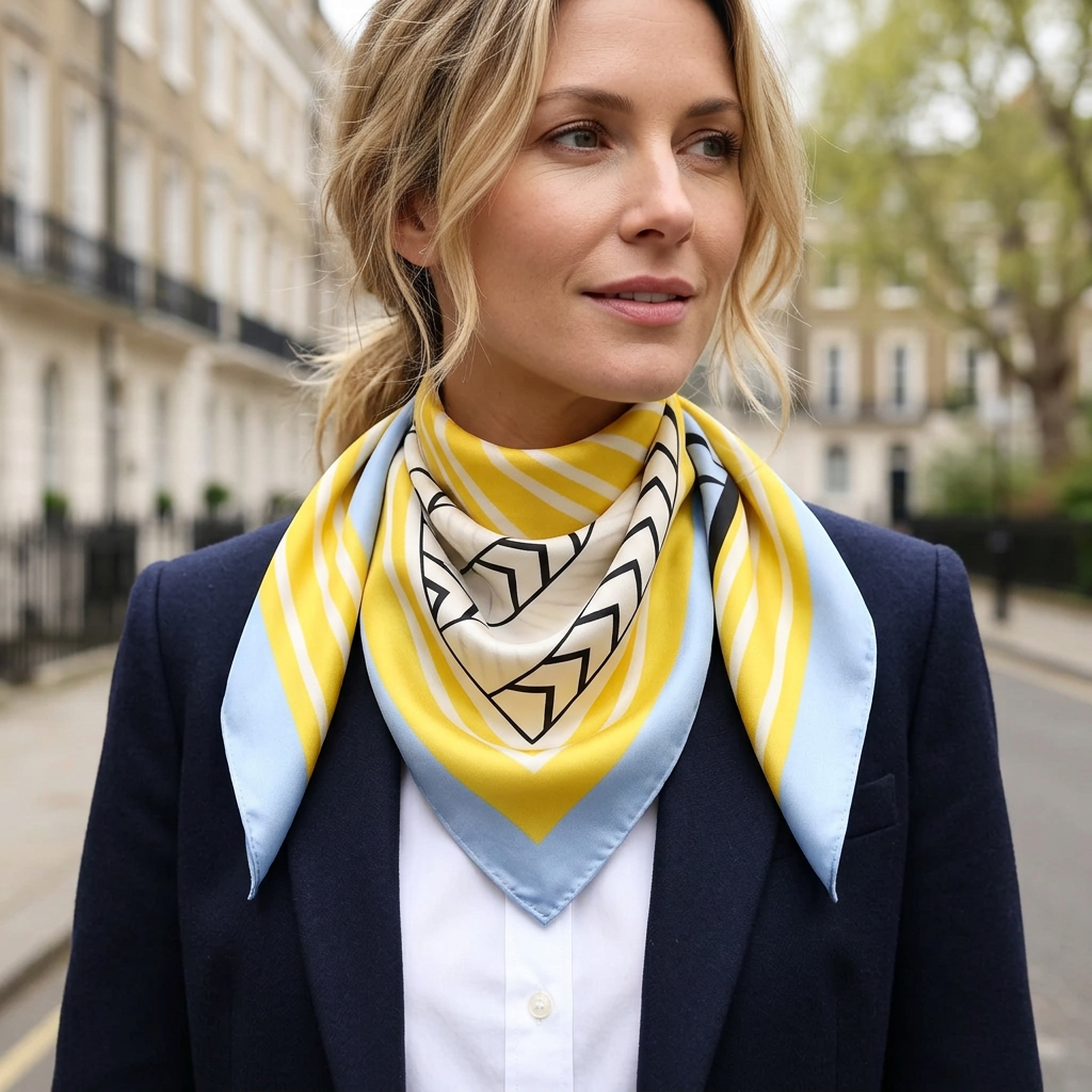 Woman wearing the yellow and blue geometric silk neck scarf, 53 x 53 cm, tied at the neck in London