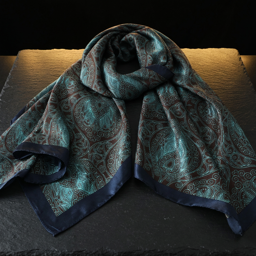 Yoga Mala paisley satin scarf for women, laid flat on dark slate