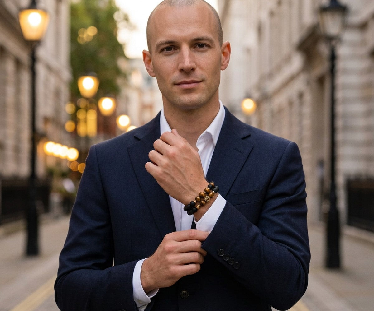 Man in a navy suit on a London street adjusting his cuff, wearing a LIVLOKO London tiger eye and black agate beaded bracelet set