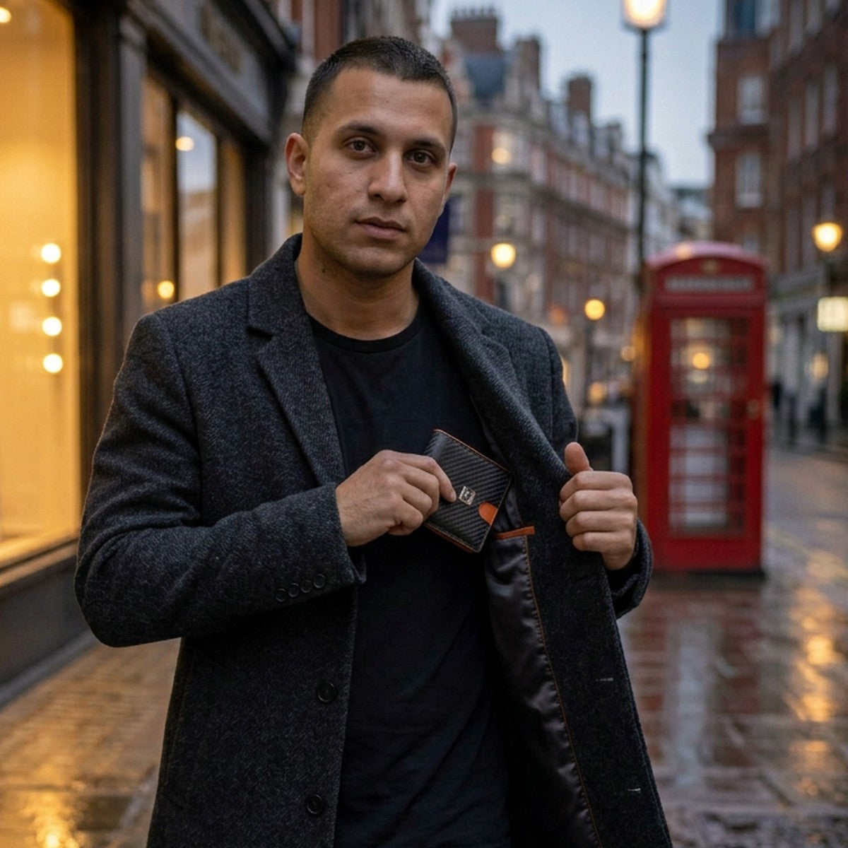 Man in a dark wool coat putting a LIVLOKO London carbon fibre wallet into his coat pocket on a rainy London street