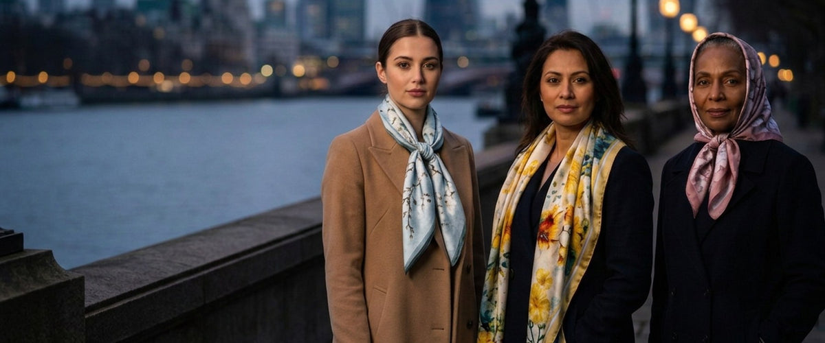 Three women wearing LIVLOKO London mulberry silk scarves by the River Thames in London at dusk