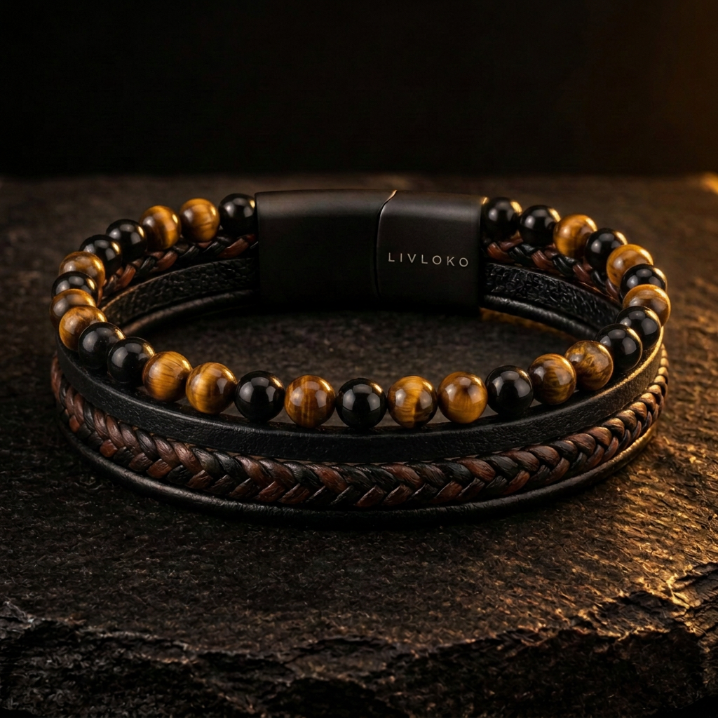 LIVLOKO London men's braided leather bracelet with tiger eye and black onyx beads and magnetic clasp, on black stone