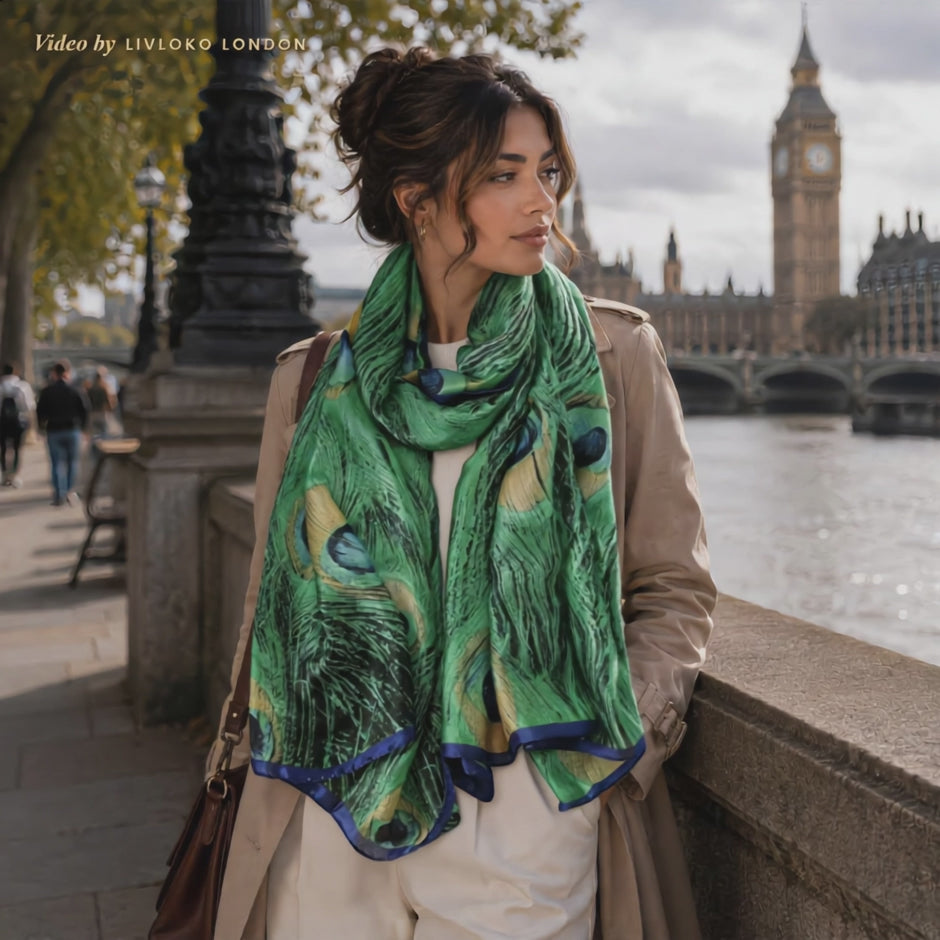 Woman wearing the LIVLOKO London peacock feather green satin scarf by the Thames in London