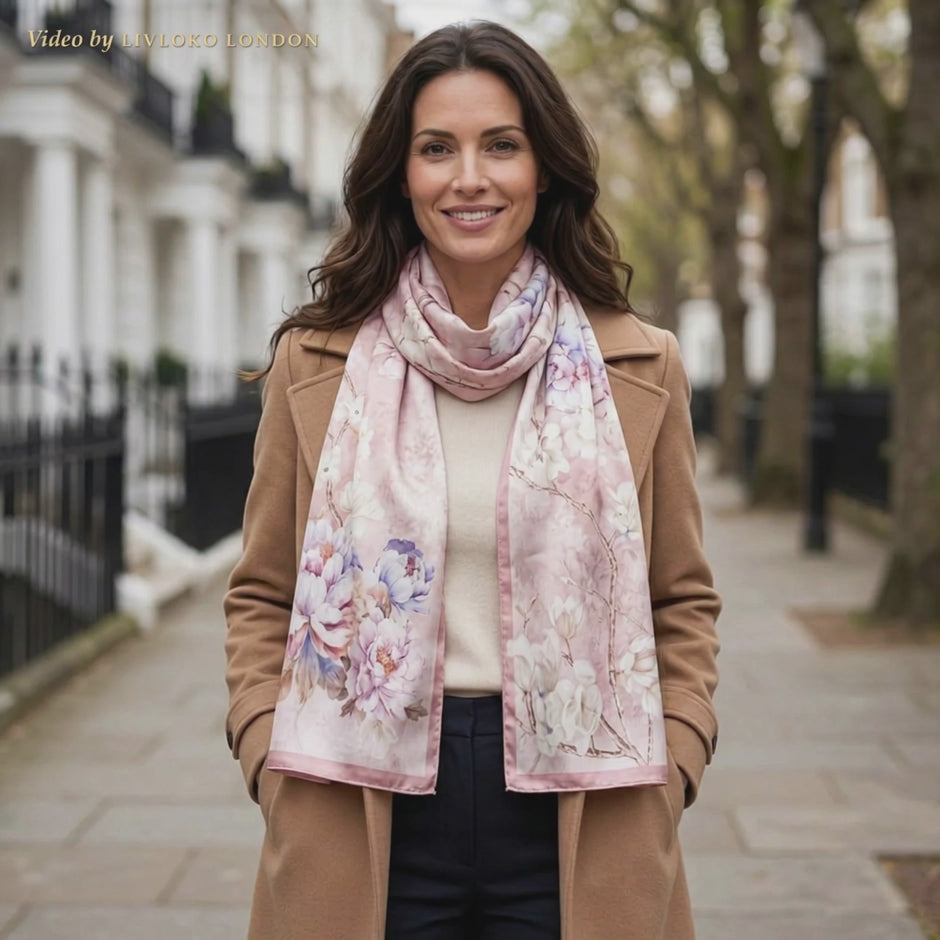 Rose Garden pink floral mulberry silk scarf worn on a London street, by LIVLOKO London