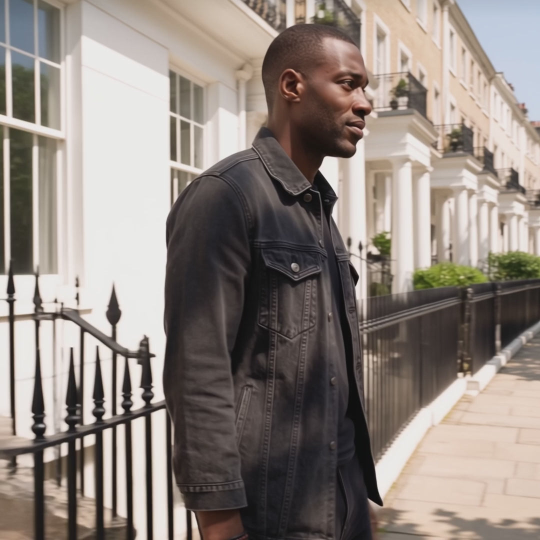 Clean-shaven man walking past white London terraces wearing the LIVLOKO men's double braided leather bracelet, then a close-up of the bracelet