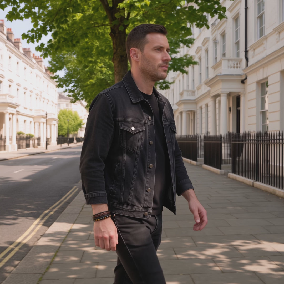 Clean-shaven man walking past white London terraces wearing the LIVLOKO men's braided tiger eye leather bracelet, then a close-up of the bracelet