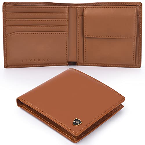 Tan leather bifold wallet opened to show card slots and coin pocket
