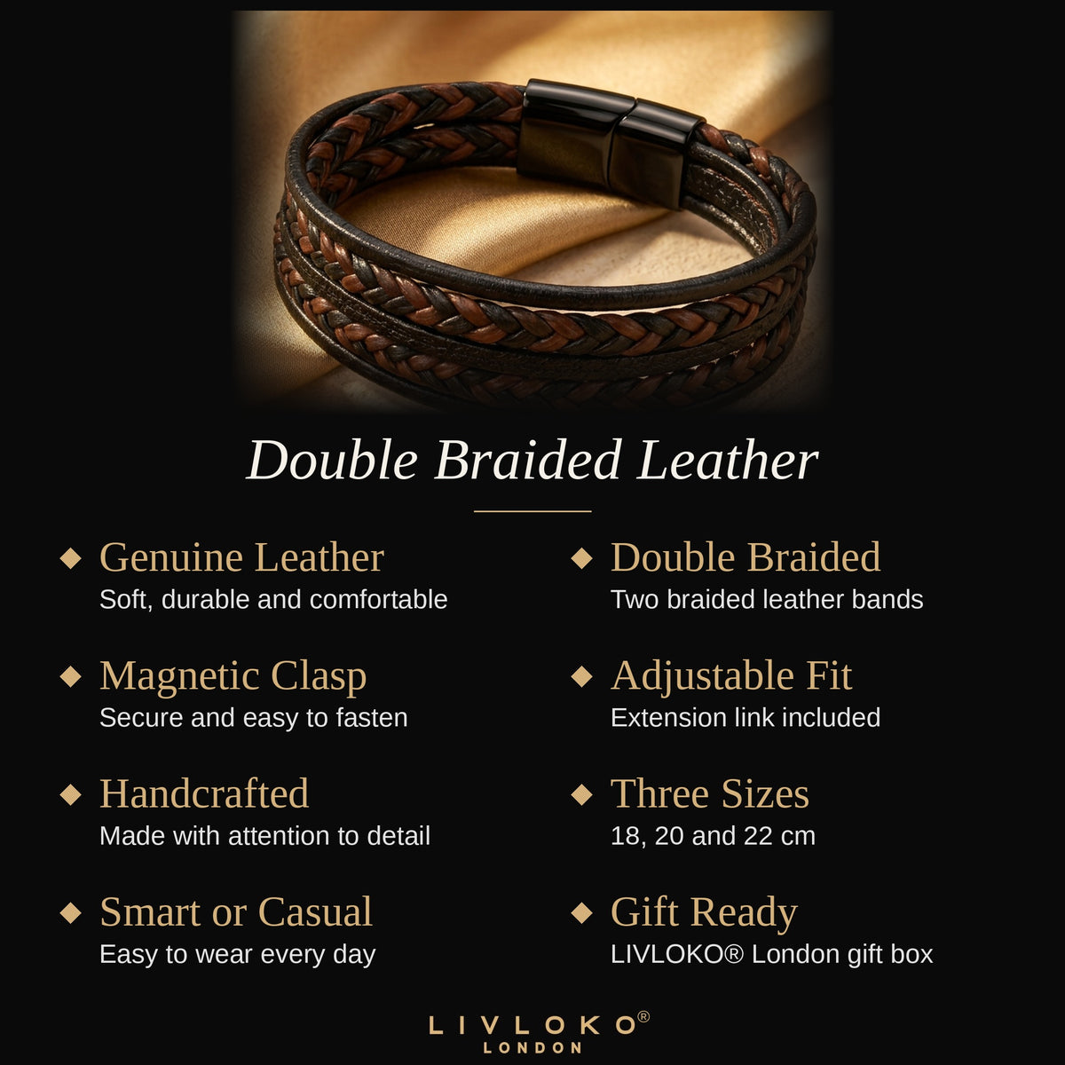 Double braided leather bracelet key features