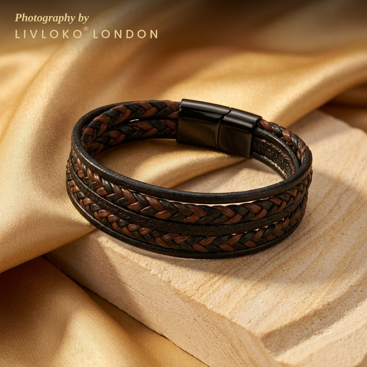 Double braided leather bracelet on gold satin