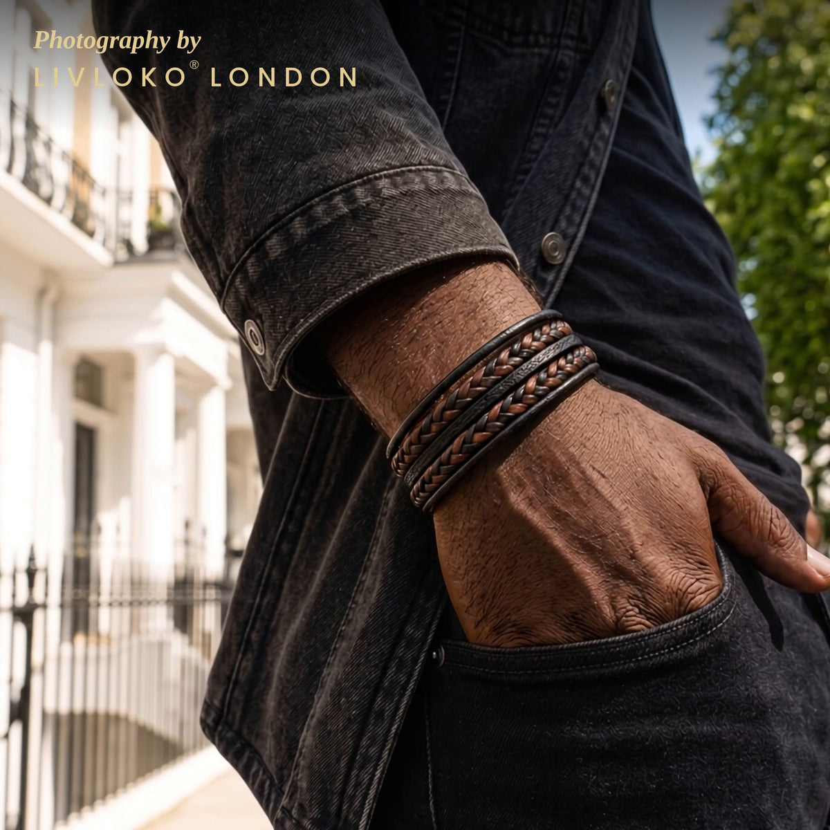 Men's double braided leather bracelet worn on the wrist in London
