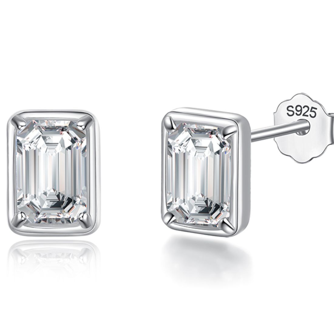 Rectangular clear stone stud earrings, one front-on and one side-on showing the post and S925 stamped back