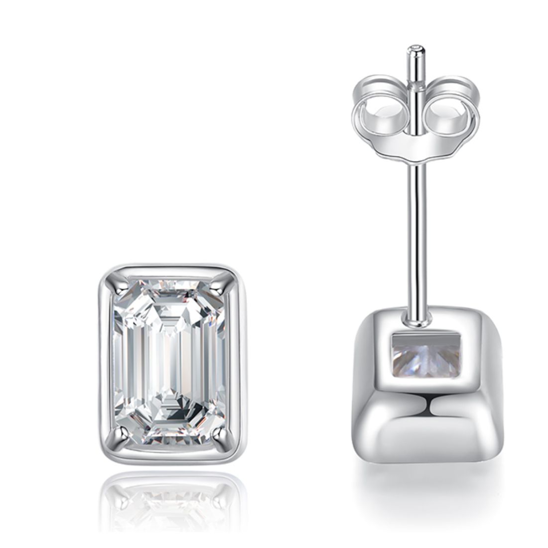 One stud earring shown from the front and one from behind with its post and butterfly back upright