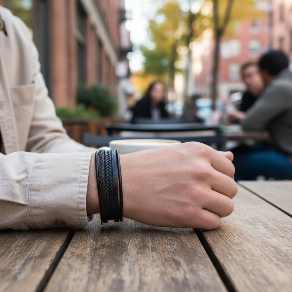 Man in coffee shop wearing black leather bracelet
