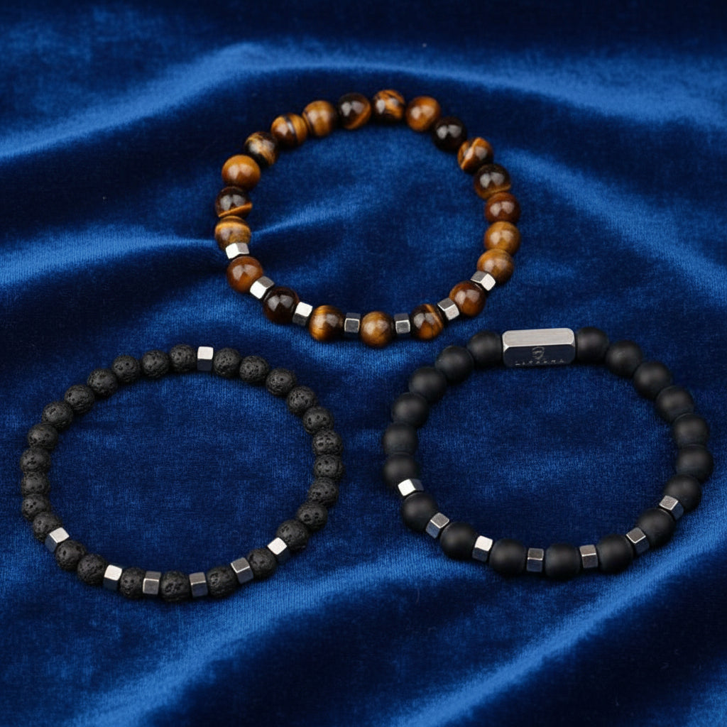 Tiger-eye Lava Rock and Agate Stacked Bracelet - Livloko London