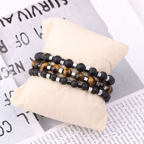 Tiger-eye Lava Rock and Agate Stacked Bracelet - Livloko London