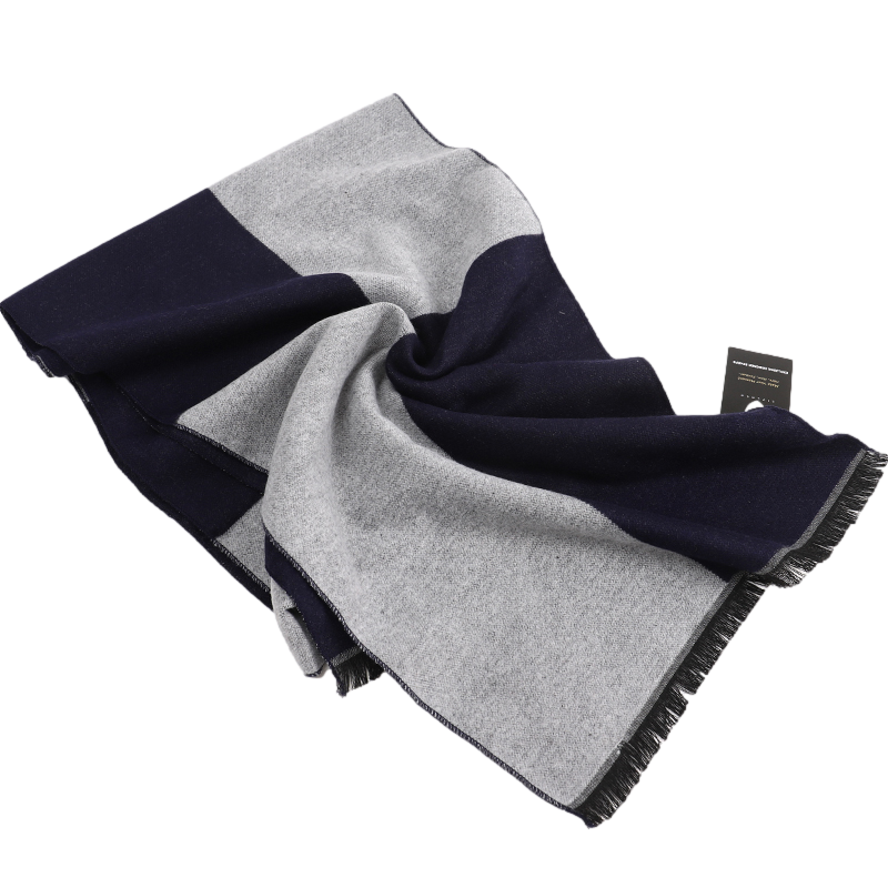 Men's Checked Wool Scarf Navy Grey