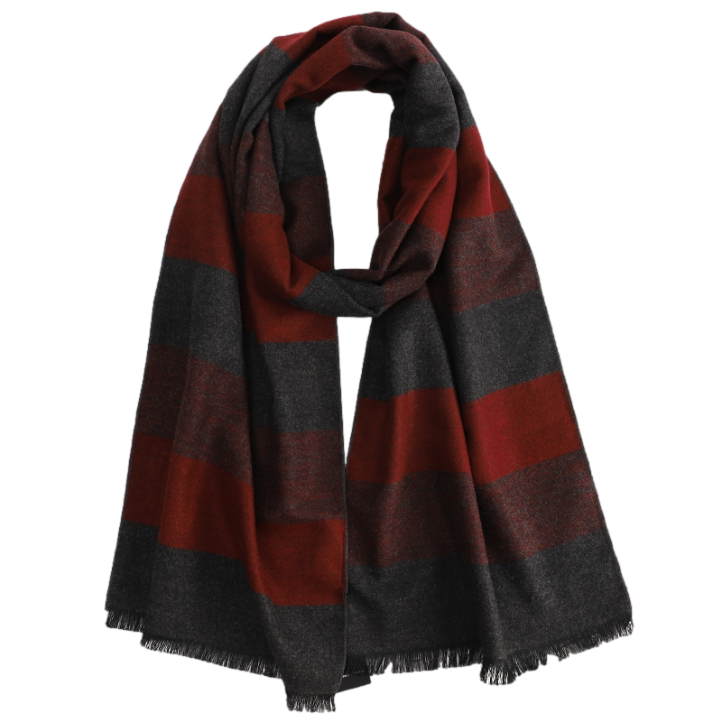 Men's Striped Wool Scarf Red Brown Grey, draped to show the design