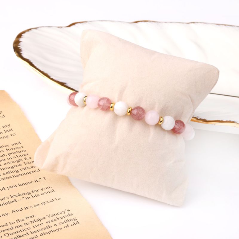 Moonstone, Rose & Strawberry Quartz Crystal Bracelet on a foam