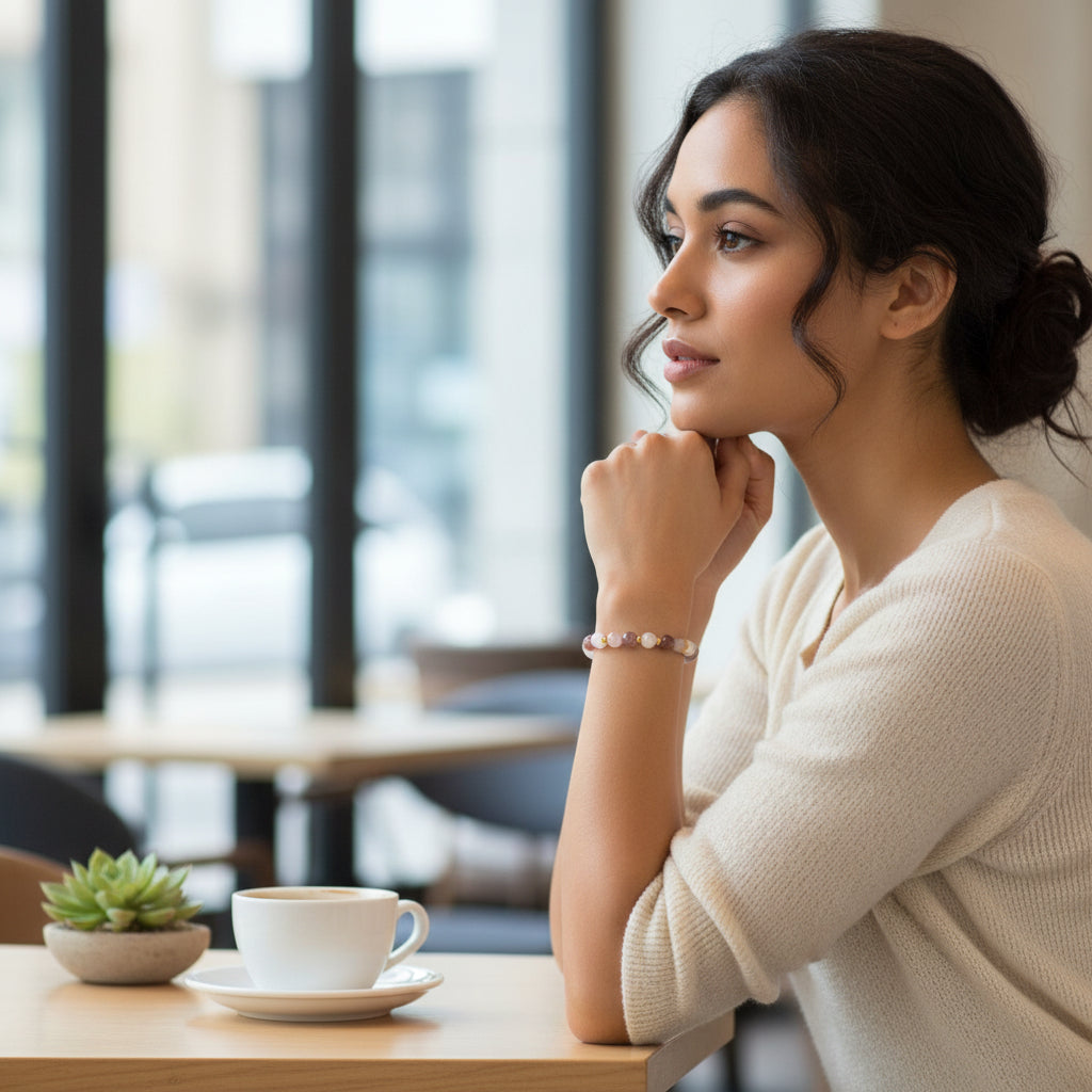 Moonstone, Rose & Strawberry Quartz Crystal Bracelet around woman's wrist