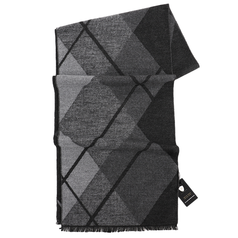 Grey and charcoal check scarf folded lengthways and laid flat, showing the fringed end and a hanging tag