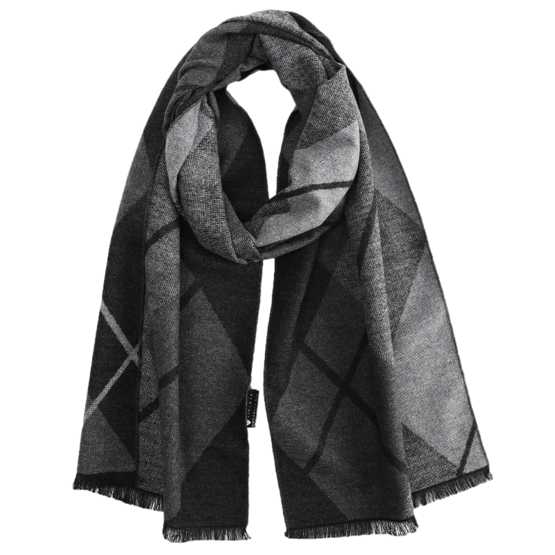 Men's grey check wool scarf with large diamond checks in light grey, charcoal and black, looped and hanging