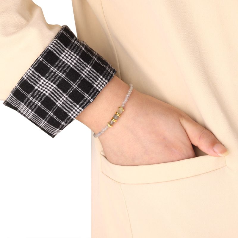 Labradorite Crystal Bracelet 18ct Gold Plated around woman's wrist