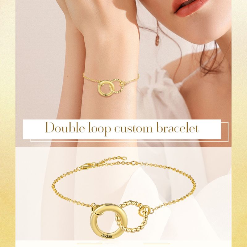 woman posing with Personalised Gold Plated Sterling Silver Ring Bracelet