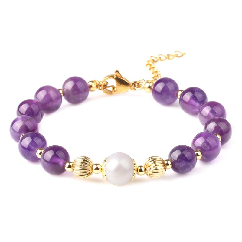 Amethyst Crystal & Pearl Bracelet 18ct Gold Plated
