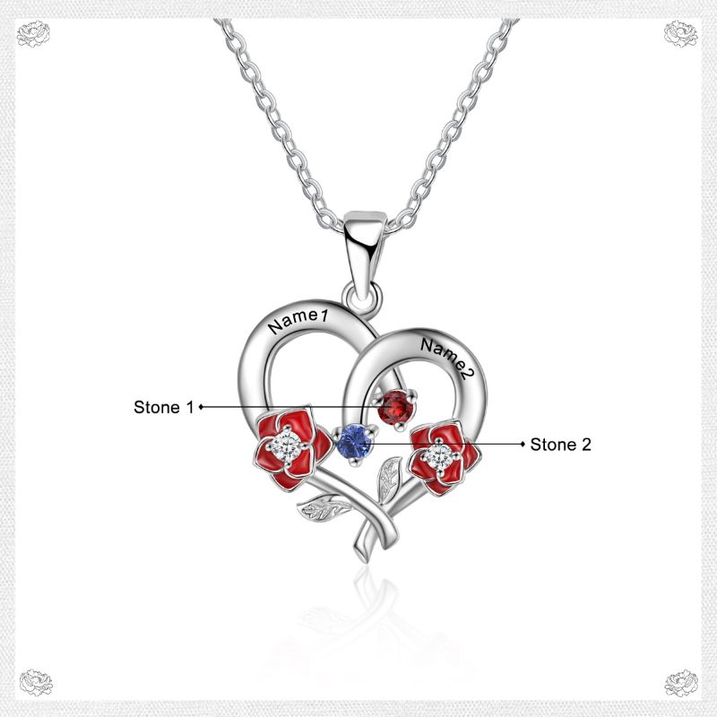 Personalised Birthstone 925 Sterling Silver Heart Rose Necklace