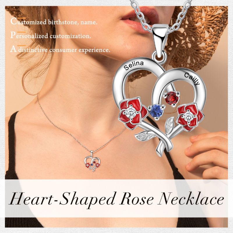 Personalised Birthstone 925 Sterling Silver Heart Rose Necklace - Livloko London