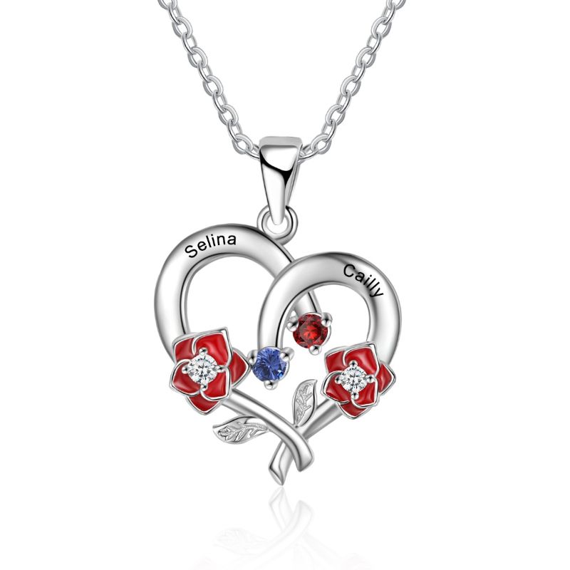 Personalised Birthstone 925 Sterling Silver Heart Rose Necklace