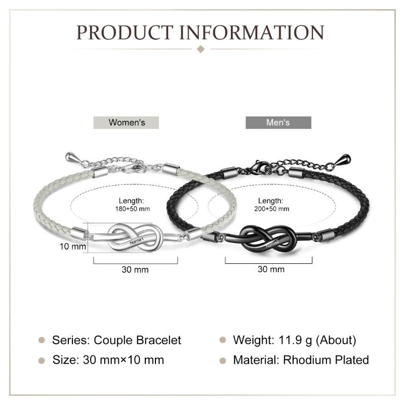 Personalised Couple Infinity Leather Bracelet Set details