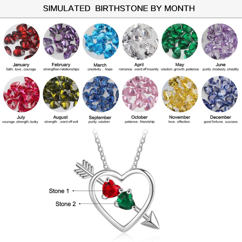 image of all birthstones and Personalised 925 Sterling Silver Arrow Heart Shape Birthstone Necklace
