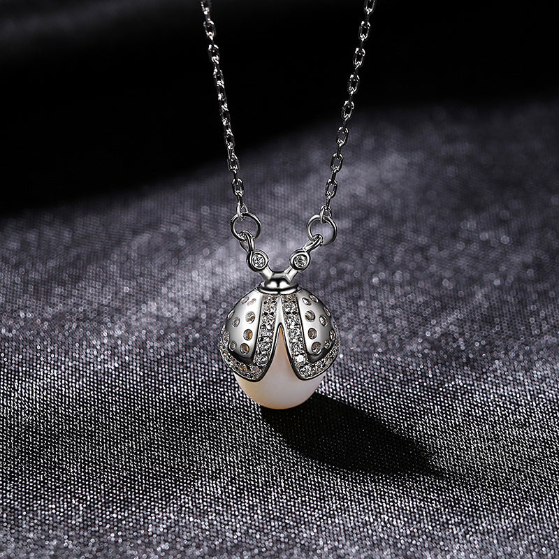 Sterling Silver Ladybird Pearl Pendant Necklace