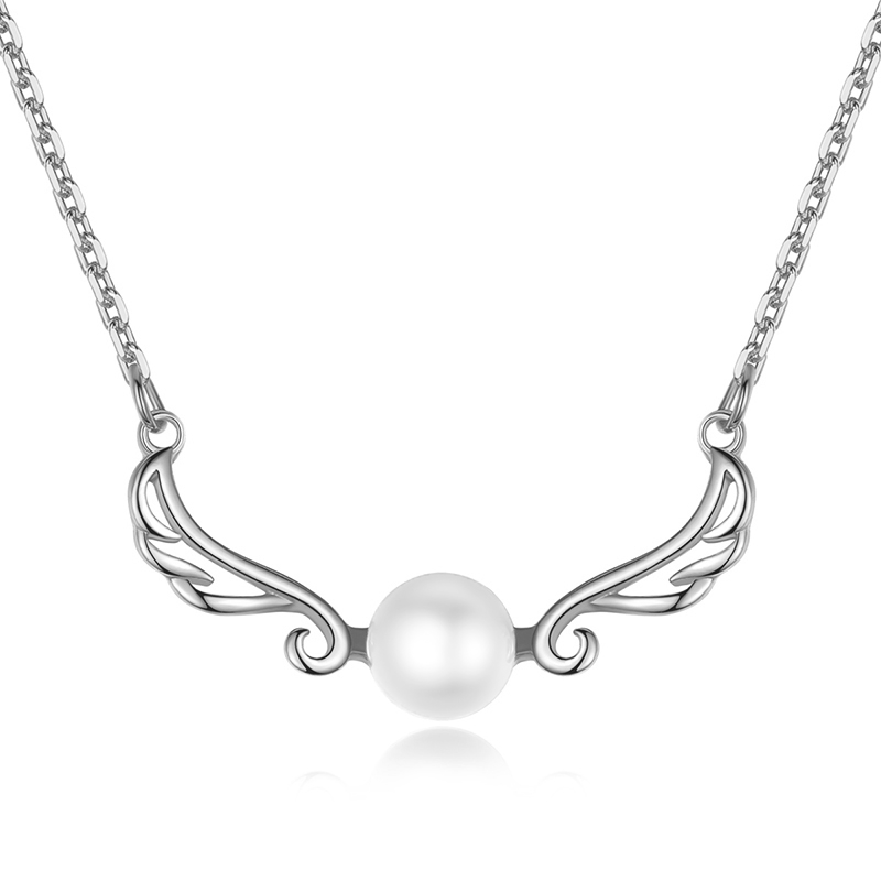 Silver Dainty Pearl Angel Wing Necklace