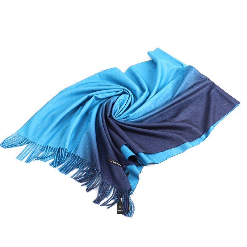 Navy & Baby Blue Pashmina Shawl, folded beside its product tag