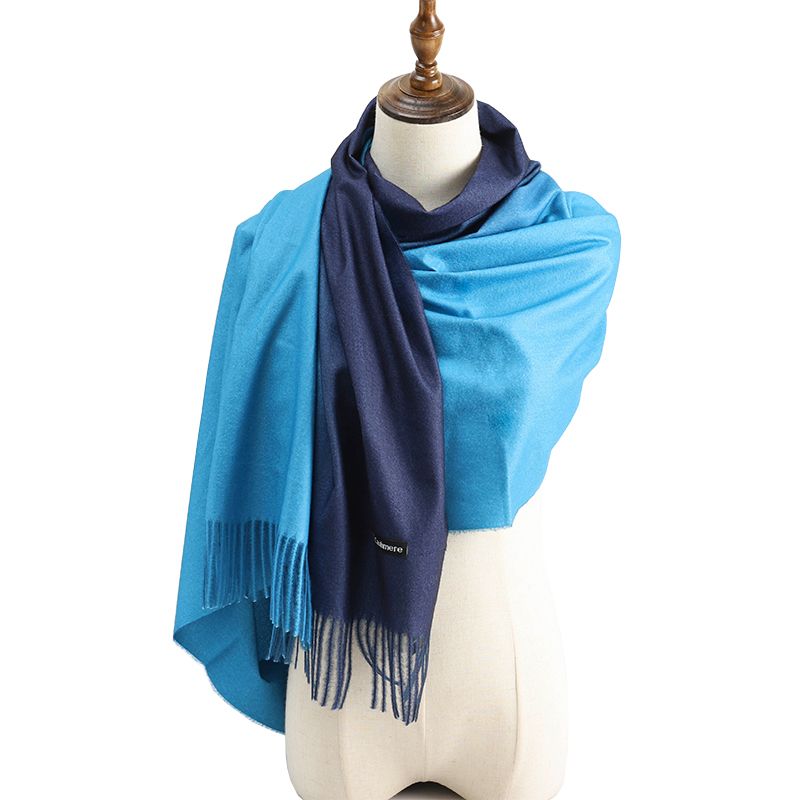 Navy & Baby Blue Pashmina Shawl, draped on a dress form