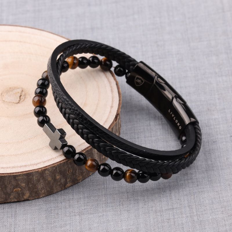 Men's Leather Cross Bead Bracelet