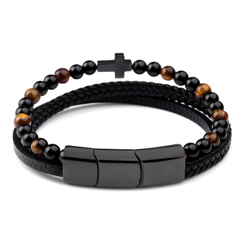 Men's Leather Cross Bead Bracelet
