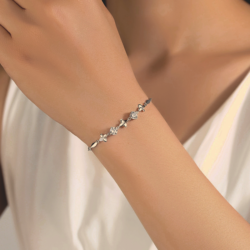 unique designed S925 Sterling Silver Flower Zirconia Bracelet on woman's wrist