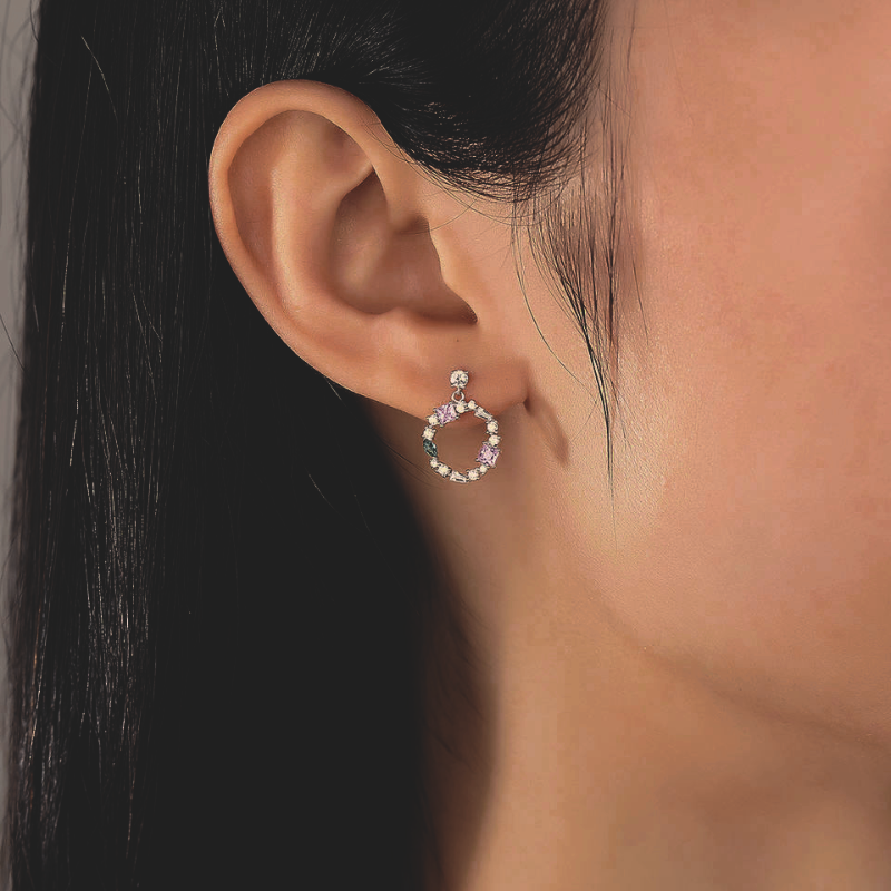 Model wearing Sterling Silver Multicoloured Zirconia Circle Drop Earrings