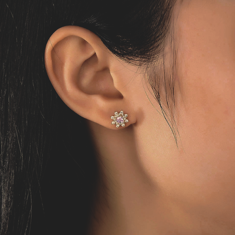 Model wearing Sterling Silver Pink Crystal Star Stud Earrings