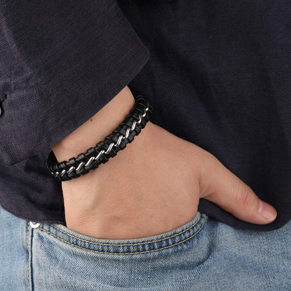Men's Leather and Silver Bracelet