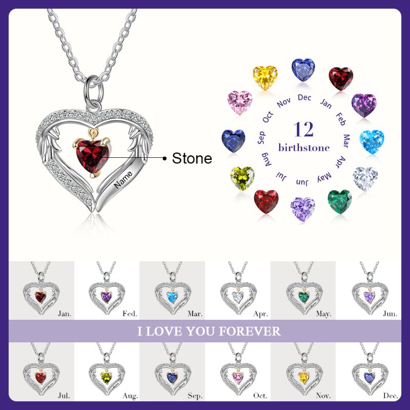 Personalised S925 Sterling Silver Heart Birthstone Necklace with multi color