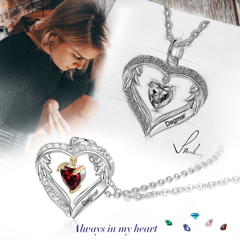 2 Personalised S925 Sterling Silver Heart Birthstone Necklaces and woman in 1 frame