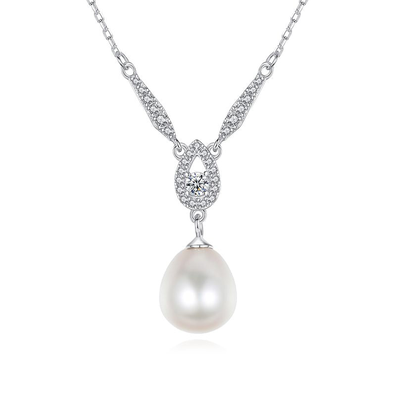 Sterling Silver Marquise Detail Pearl Pendant Necklace