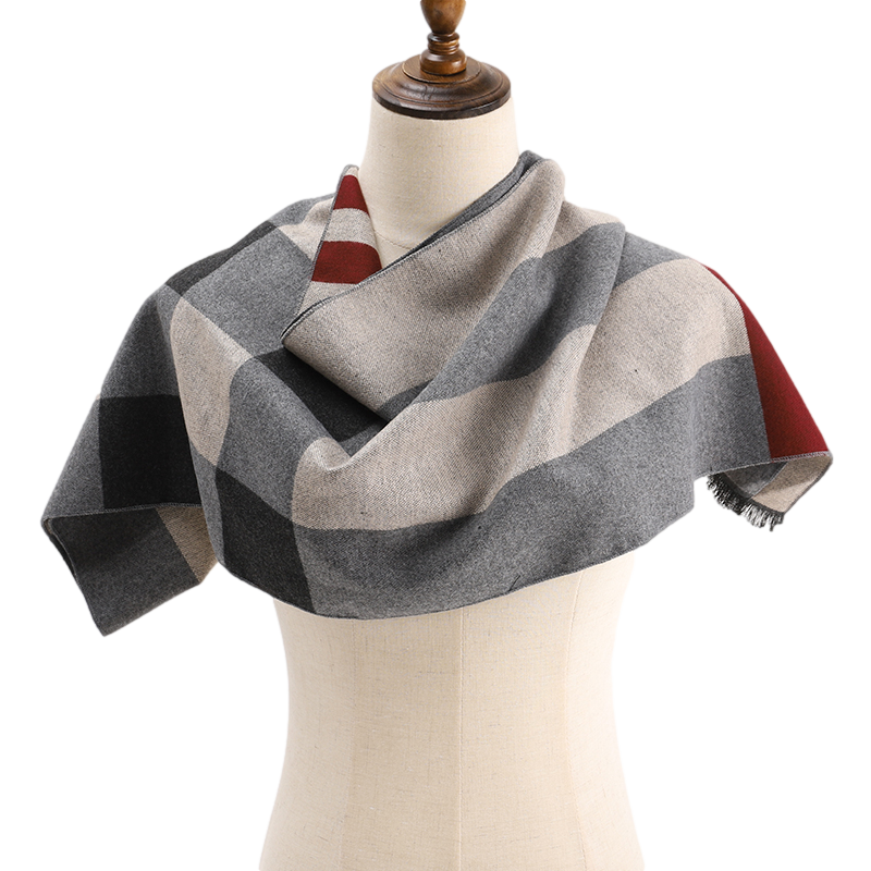 Men's Checked Wool Scarf Grey Red