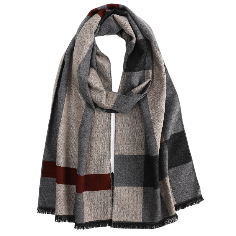Men's Checked Wool Scarf Grey Red